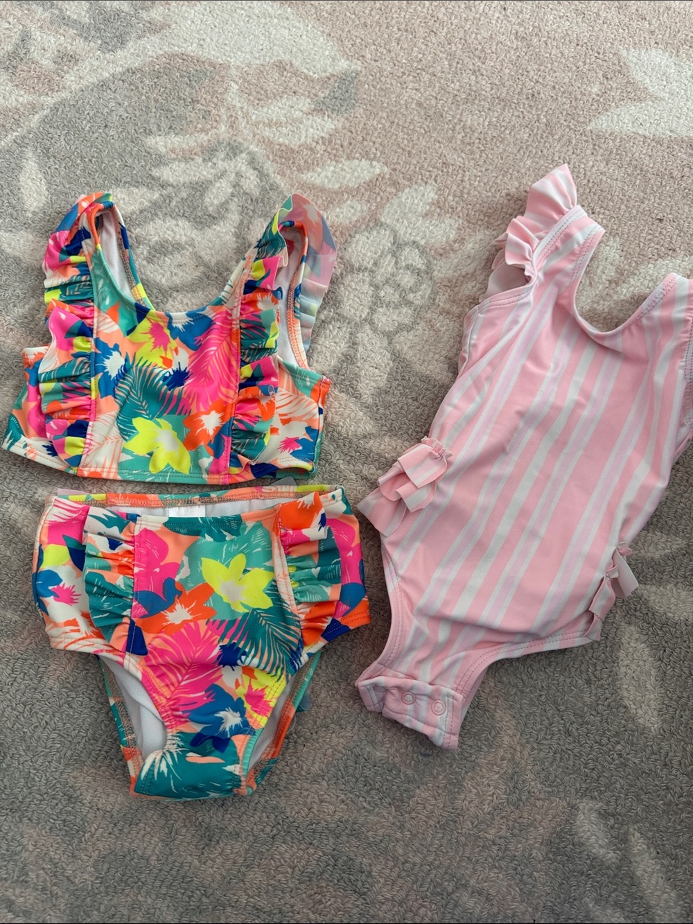 Girls Floral Tropical Ruffle Bikini & Pink Stripe One-Piece Set